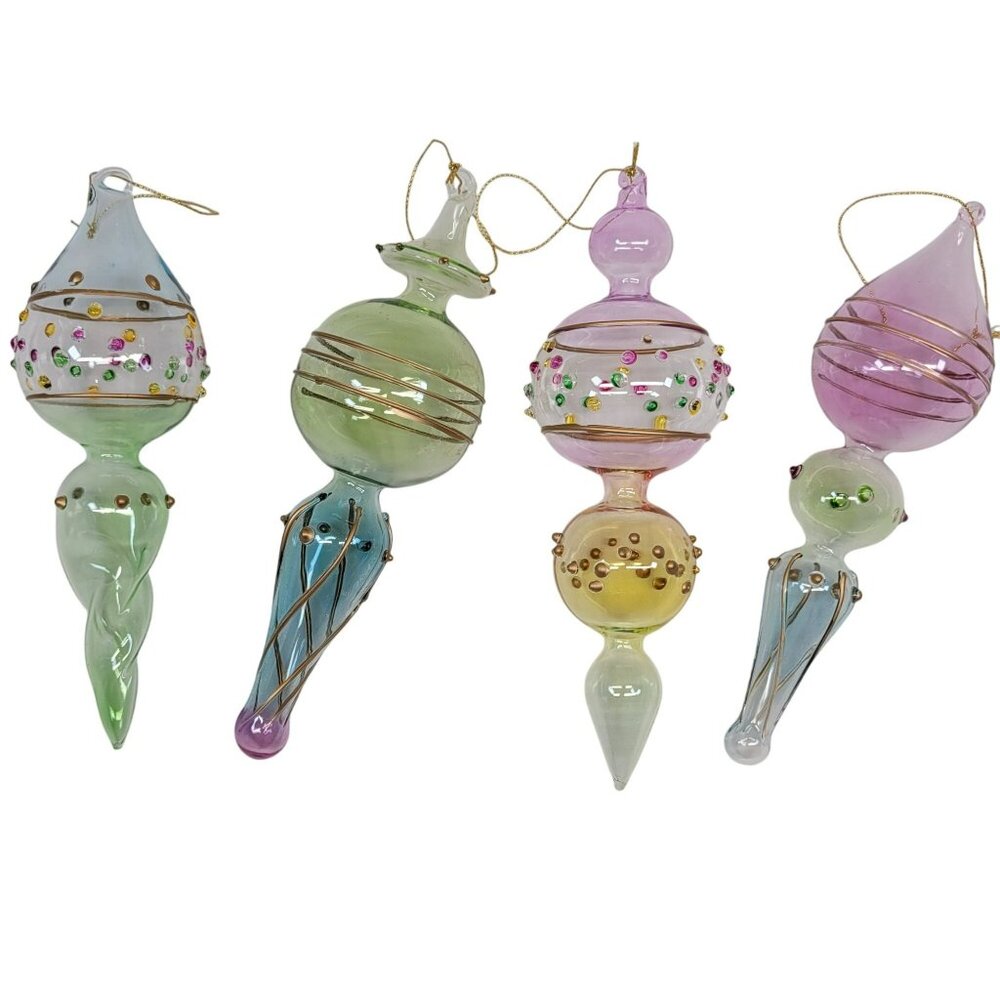 4 Hand Blown Glass Finial Christmas Tree Ornaments Pastel Hand Painted BoHo‎ Vtg